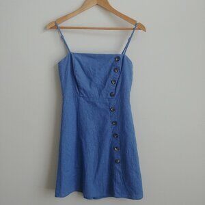 Copper Key bue linen cotton short spaghetti strap mini dress button detail Small